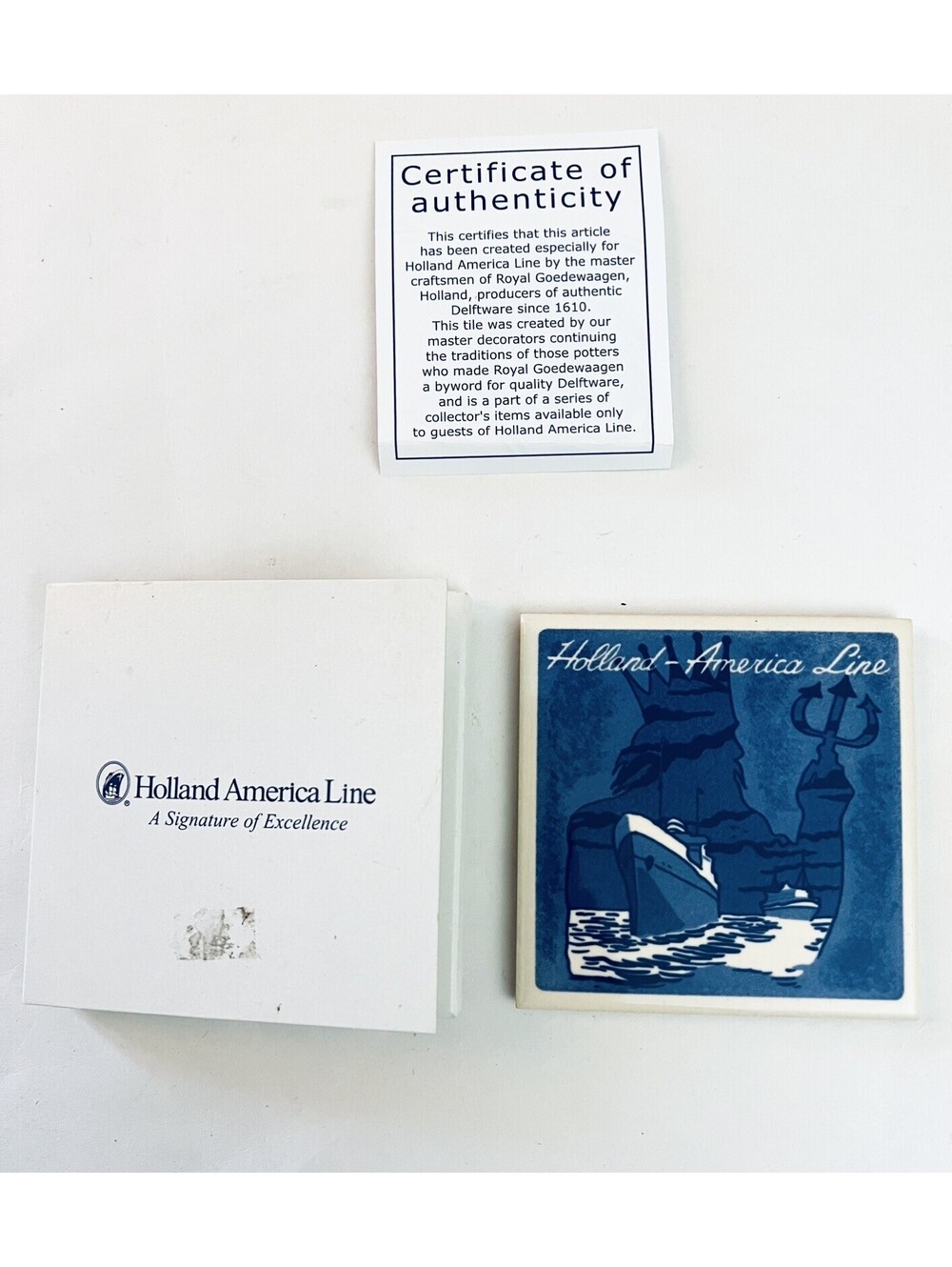 Holland America Line Royal Goedewaagen Blue Delft Tile Coaster Box COA 3.8”